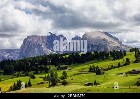 Seiser Alm (Alpe di Siusi) with Langkofel Mountains (Gruppo del Sassolungo) in the Background Stock Photo