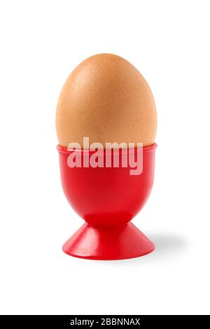 Chicken egg in a red plastic stand isolated on white Stock Photo