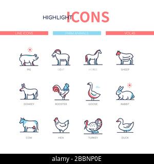Farm animals collection - line design style icons set Stock Vector