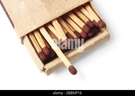 Old open matchbox isolated on white Stock Photo