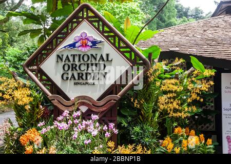Orchid plants in National Orchid Garden sign, Singapore Botanic Gardens, Singapore