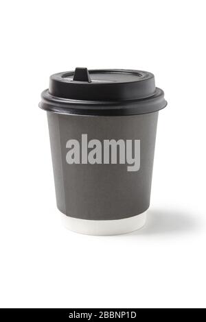 Black paper coffee cup with plastic lid isolated on white Stock Photo