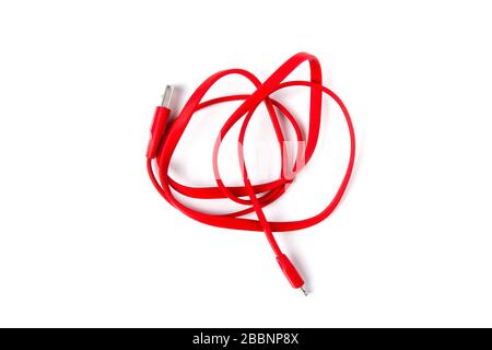 USB cord for gadgets in red silicone insulation isolated on white background Stock Photo