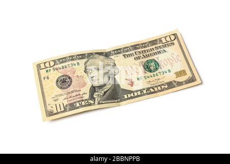 Ten dollar bill isolated on a white background Stock Photo