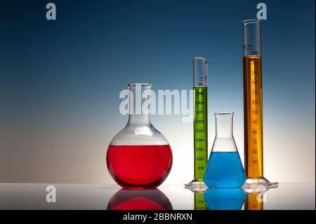 colorful liquid in laboratory glassware Stock Photo
