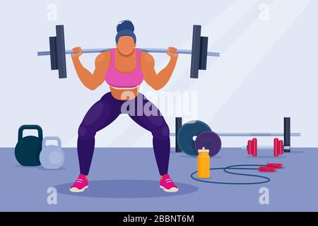Athletic woman doing barbell squats in gym Stock Vector
