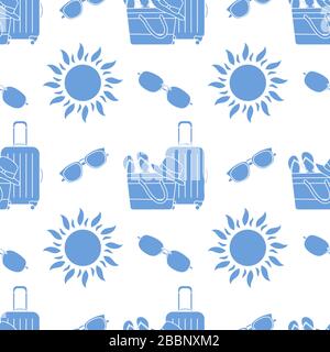 Vector travel seamless pattern Illustration with suitcase, beach bag, flip flops, sun, sun hat, sunglasses. Summer time, vacation, holiday, leisure ba Stock Vector
