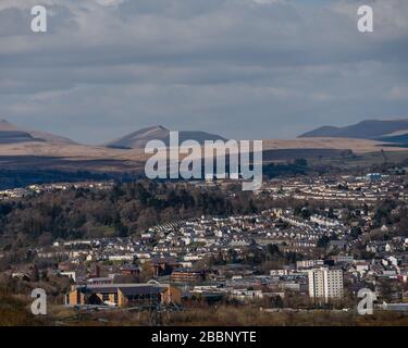 MERTHYR TYDFIL, WALES - 29 MARCH 2020 - Power lines through the middle ...