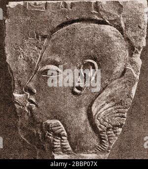 Egyptology -  A 1920 printed image showing  the face of  Akenatun (aka  Amenhotep IV,  Akhenaten  Echnaton ,Akhenaton, Ikhnaton,and Khuenatenas,  depicted on an Egyptian wall fragment Stock Photo