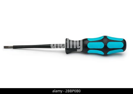 Isolate. Black plastic screwdriver with blue rubber inserts in the handle on a white background. Close-up. Stock Photo