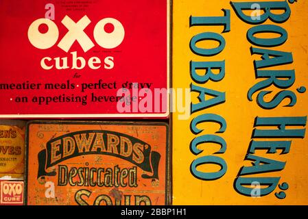 Old vintage OXO cubes, Boar's Head Tobacco and Edward's Dessicated Soup tins. Close up/background Stock Photo