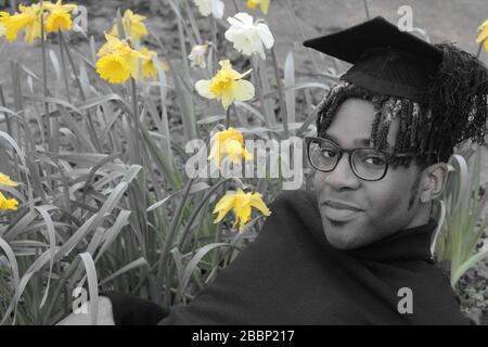Graduate in Mortarboard hat relaxing, black&white with yellow coloured flowers. (credit image©Jack Ludlam) Stock Photo