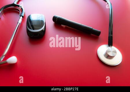 Composition with digital glucometer on white background. Diabetes concept Stock Photo