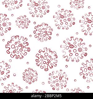 Seamless pattern with viruses. Coronavirus medical pattern with covid-19 bacteria. Vector red linear illustration on white background Stock Vector