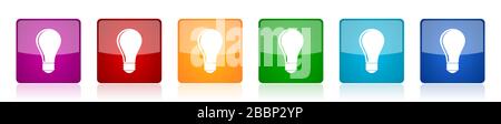 Bulb icon set, colorful square glossy vector illustrations in 6 options for web design and mobile applications Stock Vector