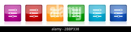Slider icon set, colorful square glossy vector illustrations in 6 options for web design and mobile applications Stock Vector