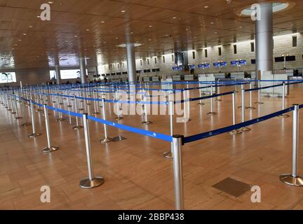 Lod, Israel. 01st Apr, 2020. An overview of the empty departures hall in the Ben Gurion Airport in Lod, Israel, near Tel Aviv, on Wednesday, April 1, 2020. Israeli Prime Minister Benjamin Netanyahu ordered all persons arriving to the country from overseas to enter designated facilities for quarantine, as part of an effort to curb the spread of coronavirus. Photo by Debbie Hill/UPI Credit: UPI/Alamy Live News Stock Photo