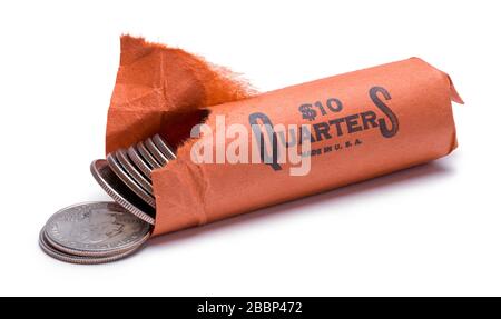 Ripped Open Roll of Quarters Isolated on White. Stock Photo
