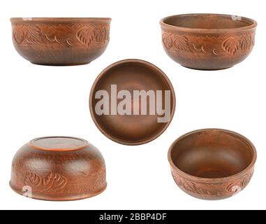 Collection deep bowls different angles isolated on white background Stock Photo