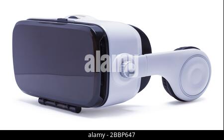 VR Helmet with Headphones Isolated on White. Stock Photo