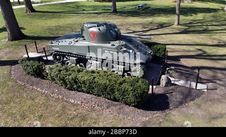 Historic Holly Roller Tank in Victoria Park London Ontario.  Canadian Army Sherman Tank that was used until the end of world war II. Stock Photo
