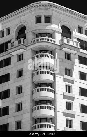 Corner balconies on the 1950's post modernist Pennsylvania Building at 1275 Pennsylvania Avenue, Washington DC. Stock Photo