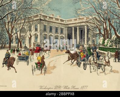 The White House, Washington D.C. United States of America.  Horse drawn carriages and pedestrians near the north portico in the winter of 1877.  After a work by an unknown artist published by Currier & Ives. Stock Photo