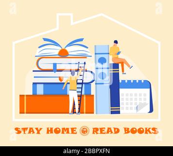 Coronavirus prevention concept vector. Tiny people are reading a book and asking that everybody stays at home. Social campaign and support people in Stock Vector