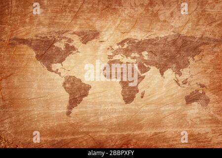 Old map of the world on a old wooden parchment background. Vintage style. Elements of this Image Furnished by NASA Stock Photo
