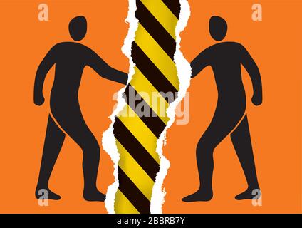 Keep distance ,risk of virus transmission. Torn orange paper with two male silhouettes hand shaking at a meeting. Risk of personal contact and touch. Stock Vector
