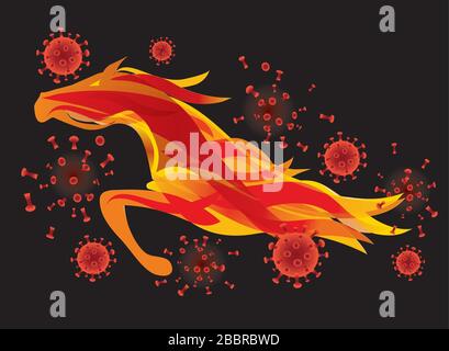 Fiery horse destroying coronavirus,metaphor of disinfectant. Illustration of orange horse. Symbol for an effective medicine, vaccine or disinfection. Stock Vector