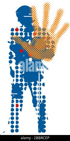 Male silhouette showing stop gesture, pandemic. Coronavirus self isolation symbol. Isolated on white background. Vector available. Stock Vector