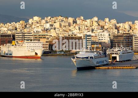 Ferries in the Port of Piraeus in Greece. The ship operates on the Aegean Sea. Stock Photo