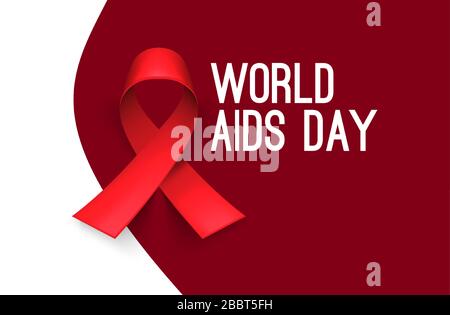 Realistic red ribbon, world aids day symbol, 1 december. Red background, backdrop. Templates for placards, banners, flyers, presentations, reports Stock Vector