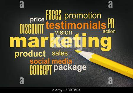 Marketing word cloud with yellow pencil. Business on important word Stock Photo
