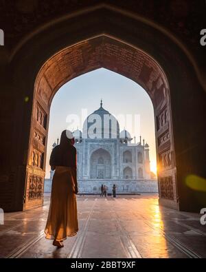 Taj Mahal at sunrise in Agra India Stock Photo
