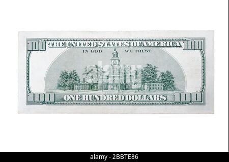 backside of usa banknote 100 american dollars on isolated white background Stock Photo