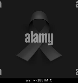 Awareness ribbon. Mourning and melanoma symbol. Black background, backdrop. Templates for placards, banners, flyers, presentations, reports Stock Vector