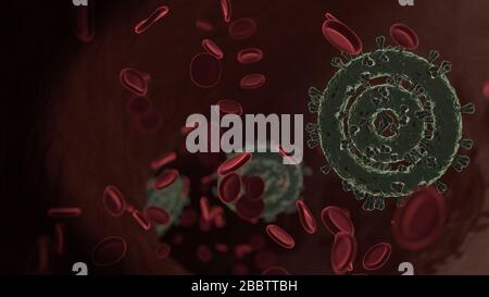 microscopic 3D rendering view of virus shaped as symbol of bullseye inside vein with red blood cells Stock Photo