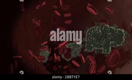 microscopic 3D rendering view of virus shaped as symbol of hippo from profile inside vein with red blood cells Stock Photo