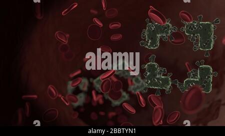 microscopic 3D rendering view of virus shaped as symbol of expand frame marks inside vein with red blood cells Stock Photo