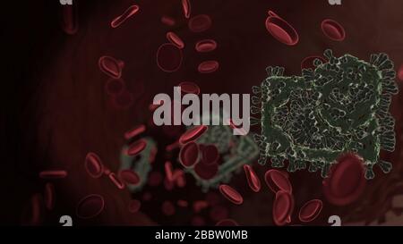 microscopic 3D rendering view of virus shaped as symbol of banknote with shield and check sign inside vein with red blood cells Stock Photo