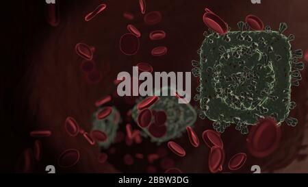 microscopic 3D rendering view of virus shaped as symbol of compass in rounded square inside vein with red blood cells Stock Photo