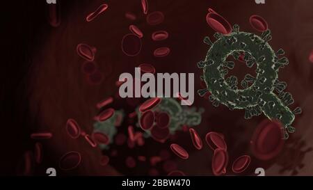 microscopic 3D rendering view of virus shaped as symbol of magnifying glass  inside vein with red blood cells Stock Photo