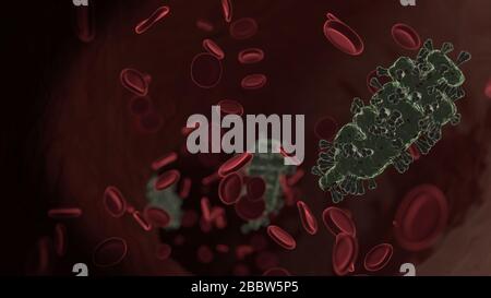 microscopic 3D rendering view of virus shaped as symbol of injection inside vein with red blood cells Stock Photo