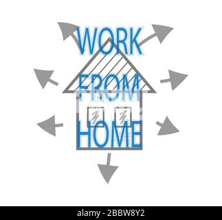 blue inscription work from home on the background of the painted house in gray with two windows and seven gray arrows extending in opposite directions Stock Vector