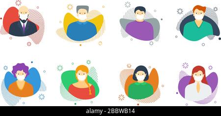 Male female in white medical protective face masks protecting airborne virus infection colorful avatar set. Pandemic stop novel coronavirus outbreak quarantine concept vector isolated eps illustration Stock Vector