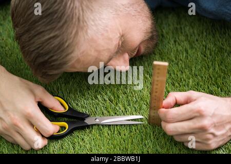 Close-up Of A Man Cutting Green Grass Measured With Ruler Stock Photo