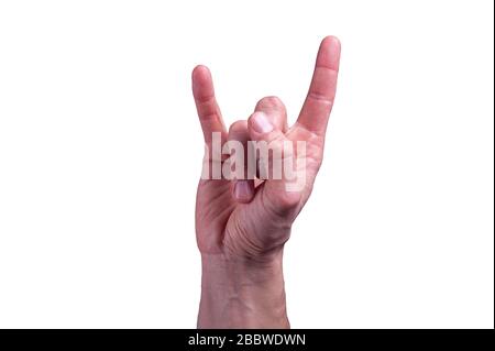 Caucasian human hand shows The sign of the horns on isolated white background Stock Photo
