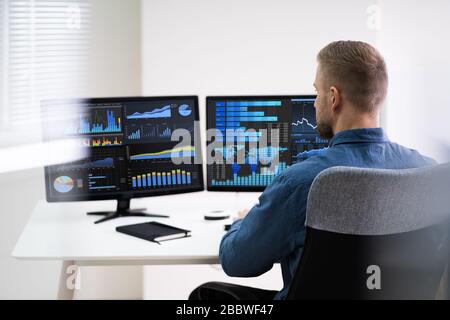 Rear View Of Young Businessman Looking At Graph On The Computers In The Office Stock Photo